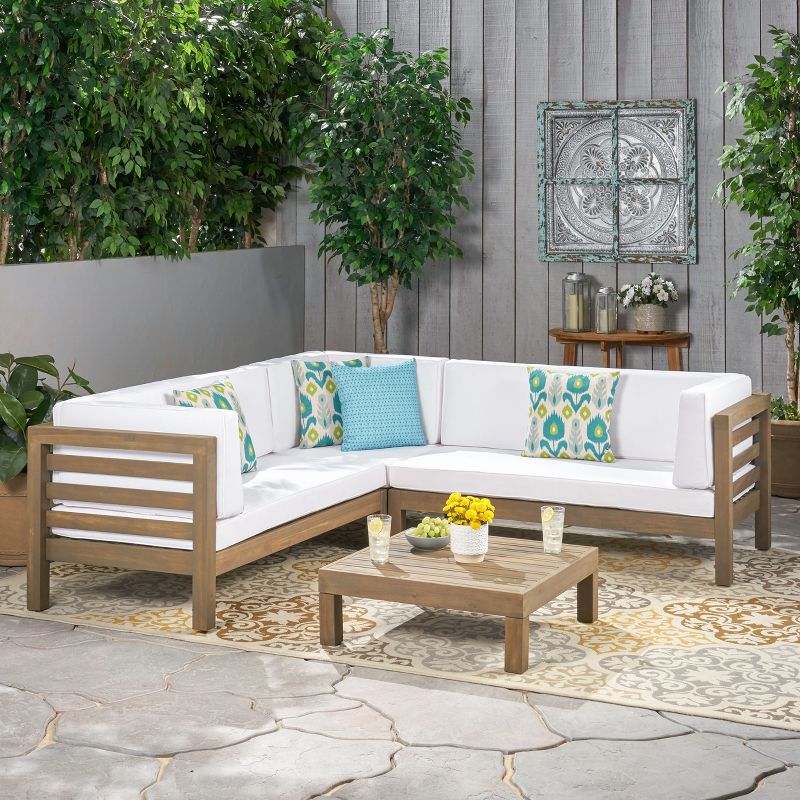 Christopher Knight Home Cynthia Patio Acacia Wood L Shape Upholstered 5-Seater Sectional Sofa Set with Coffee Table, Gray/White