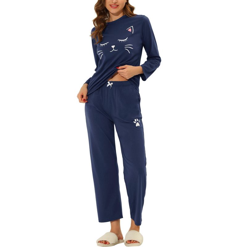 cheibear Women's Lounge Cute Cat Long Sleeve Tops with Pants Pajama Set Blue Medium