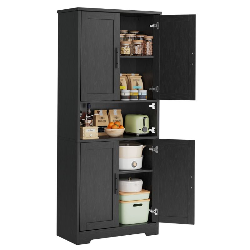 70in Tall Kitchen Pantry Cabinet with 4 Doors, Adjustable Shelves, Open Shelf, Tall Cupboard for Dining Room, Bathroom, Laundry Room, Black