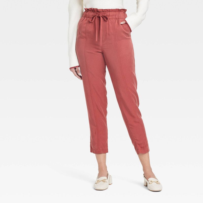 Women's High-Rise Tapered Ankle Pull-On Joggers - A New Day™ Red XS: Midweight Twill, Full Waistband Elastic, Machine Washable