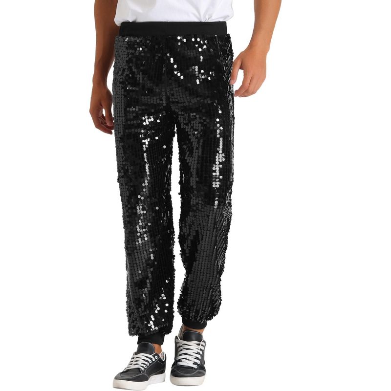 Lars Amadeus Men's Elastic Waist Sparkly Disco Costume Metallic Sequin Joggers Black 32