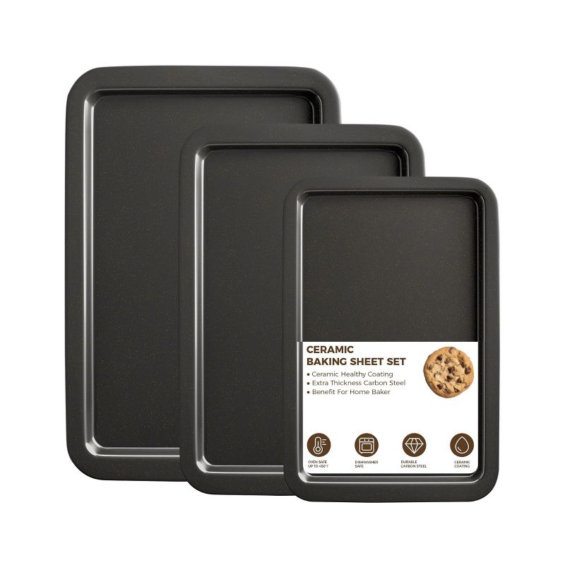 Itopfox Ceramic Baking Sheet Pan Set, Nonstick Cookie Sheets for Oven with Wider Grips, 3-Pack Bakeware Trays, Premium Dishwasher Safe - Dark Grey