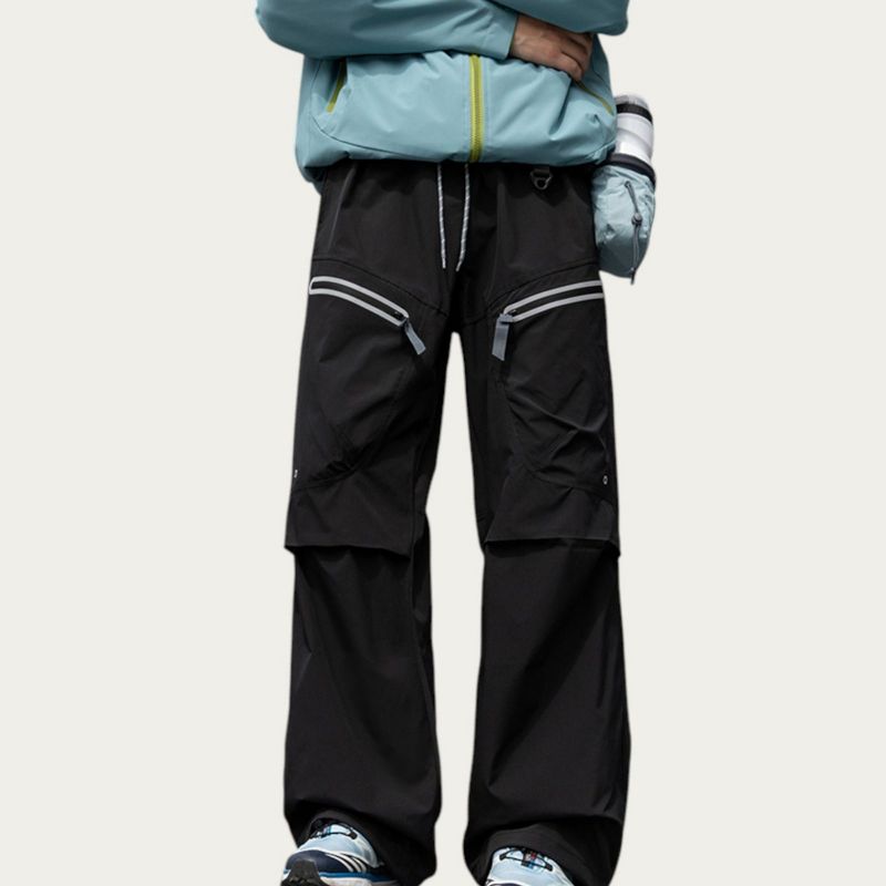 Anna-Kaci Active Men's Wide Leg Cargo Pants with Zippered Pockets and Adjustable Drawstring Waist - Large, Black