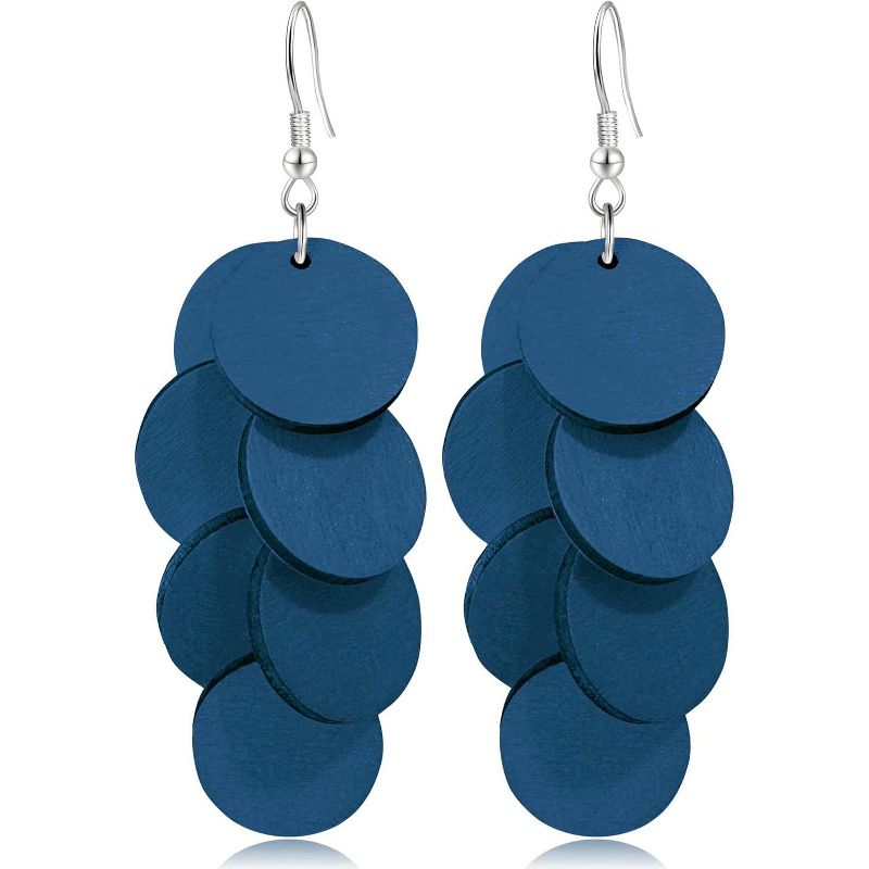 Handmade Bohemian Wooden Round Geometry Dangle Drop Earrings Long Chain Wood Disc Circle Hook Earrings For Women Dark Blue One Size