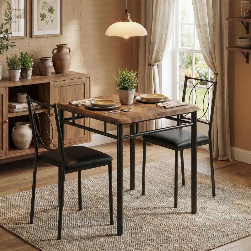 Dining Table Set for 2, Small Kitchen Table with Upholstered Chairs, Wood Dining Table Chairs for Kitchen Room, Small Spaces, Apartment, Brown