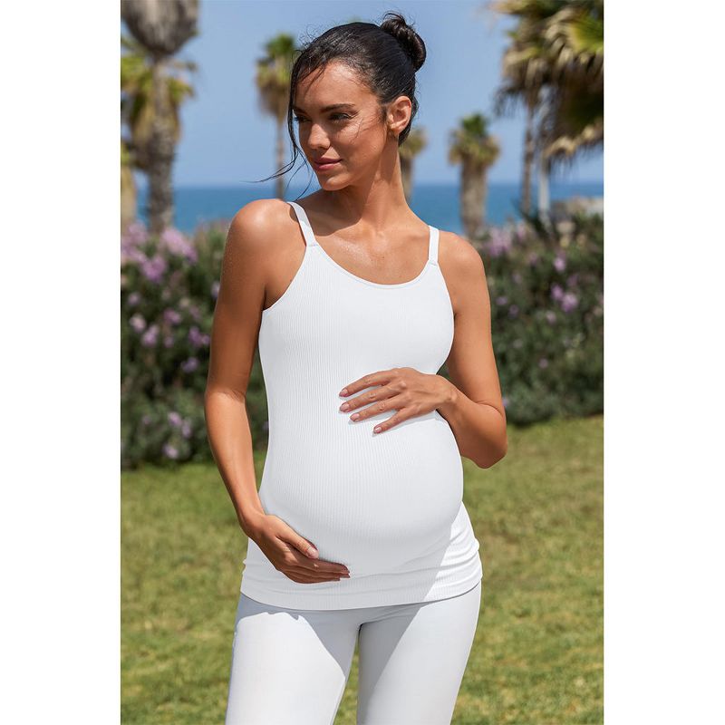 Attraco Women's Maternity Tank Tops with Built in Bra Ribbed Pregnancy Clothes Adjustable Straps White 2XL