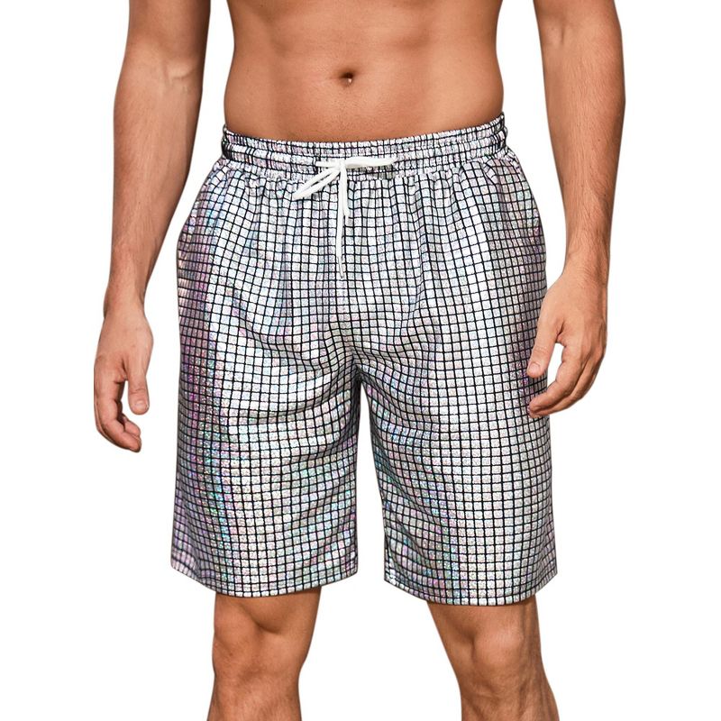 INSPIRE CHIC Men's Metallic Drawstring Nightclub Disco Glitter Party Plaid Short Pants Silver 32