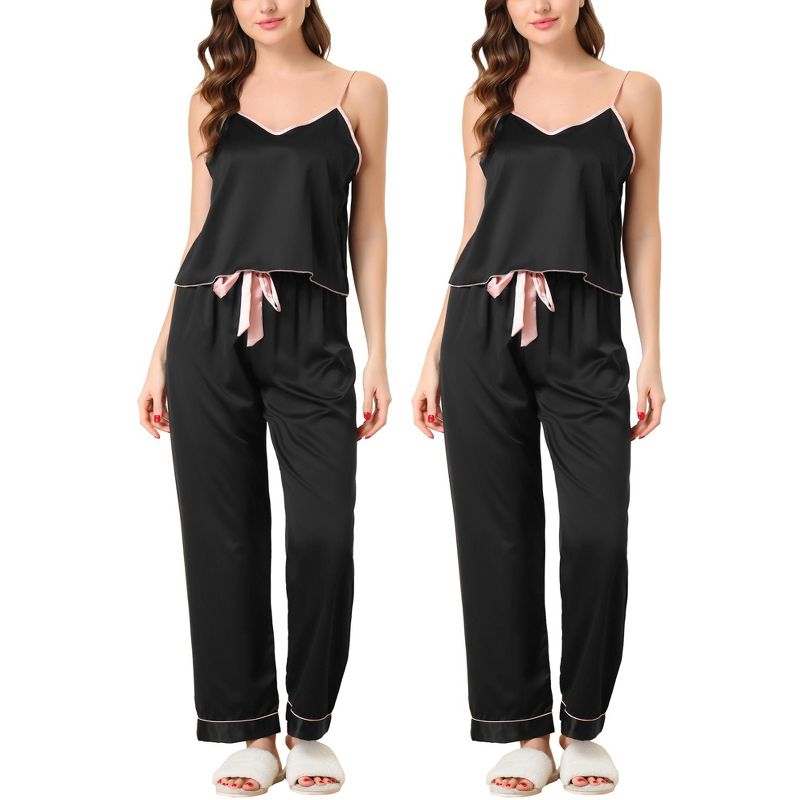 cheibear Women's Satin Silky Sleepwear Suspender Cami Top Long Pants Soft Pajama Set 2Packs 2Pack Black X-Small
