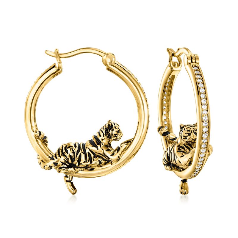 Ross-Simons 0.60 ct. t.w. White Topaz and Black Enamel Tiger Hoop Earrings in 18kt Gold Over Sterling