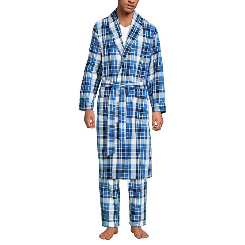 Lands' End Men's Flannel Robe - Large - Muted Cobalt Blue Plaid