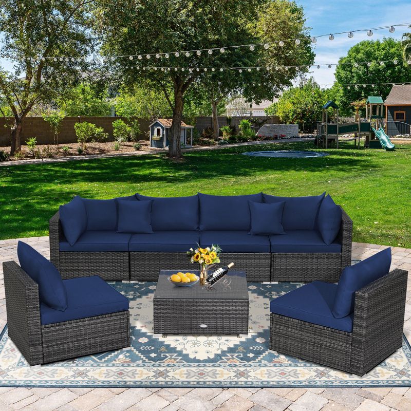 Costway 7PCS Patio Rattan Furniture Set Sectional Sofa Cushioned Garden Navy