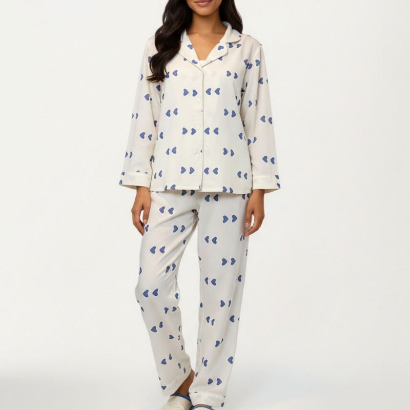 Anna-Kaci Lounge Women's 2-Piece Set Heart Print Button Front Pajama Top with Relaxed Long Sleeves and Matching Elastic Waist Pants - Medium, Blue