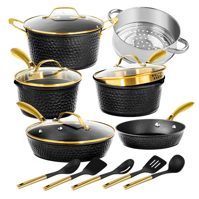 Granitestone Cookware Set Charleston Hammered Black 15 Piece Ceramic Nonstick Induction Pots and Pans Cookware Set