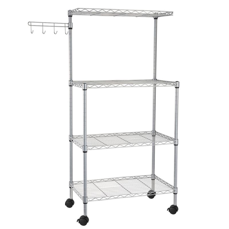 SEVOBAL Kitchen Storage Four Tier Silver Bakers Rack Microwave Stand Storage Cart with Wheels, Silver, 23.62"*14.17"*5.31"