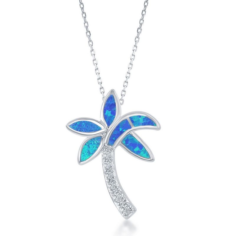 Opalata Sterling Silver Blue Inlay Opal and CZ Palm Tree 18" Pendant Necklace - Blue