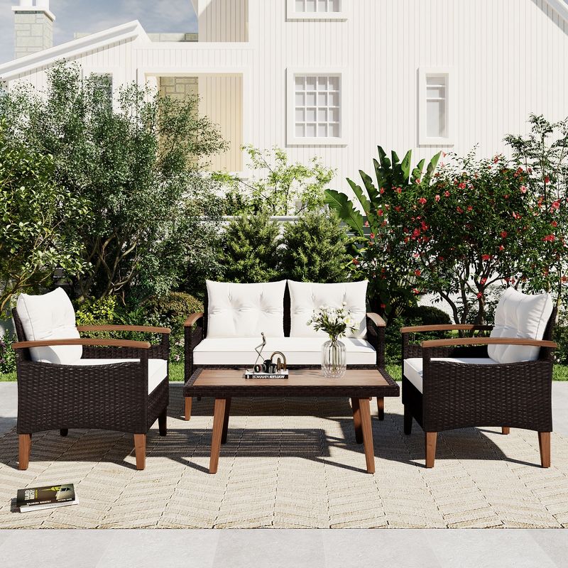 4PCS Patio PE Rattan Conversation Seating Set with Wood Tabletop and Legs Beige-ModernLuxe