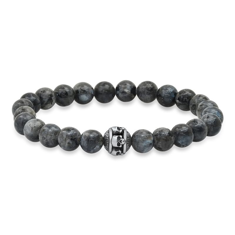 Steeltime Men's gray agate and stainless steel skull beaded bracelet