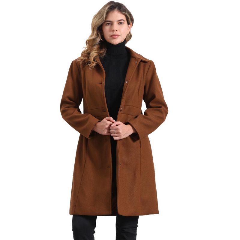 Allegra K Women's Lapel Button Down Single Breasted Long Sleeve Elegant Winter Pea Coat Small Brown