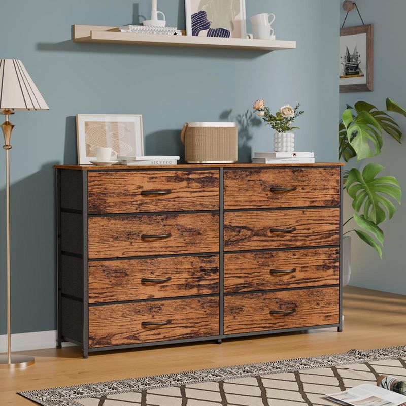 Wide Fabric Dresser 8 Drawer Storage Chest 55 Inch TV Stand Media Console Table Wood Top Bedroom Furniture Organizer Unit for Living Room Closet