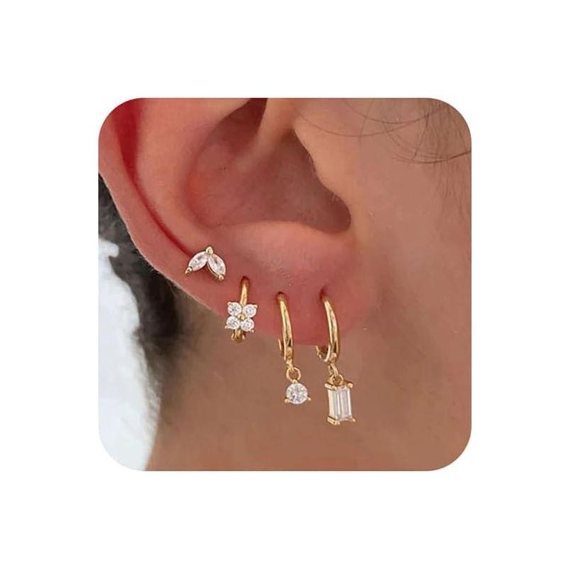 SmallRig 14K Gold Plated Hoop Earrings Set, CZ Huggie & Dangle Cartilage Jewelry for Gifts