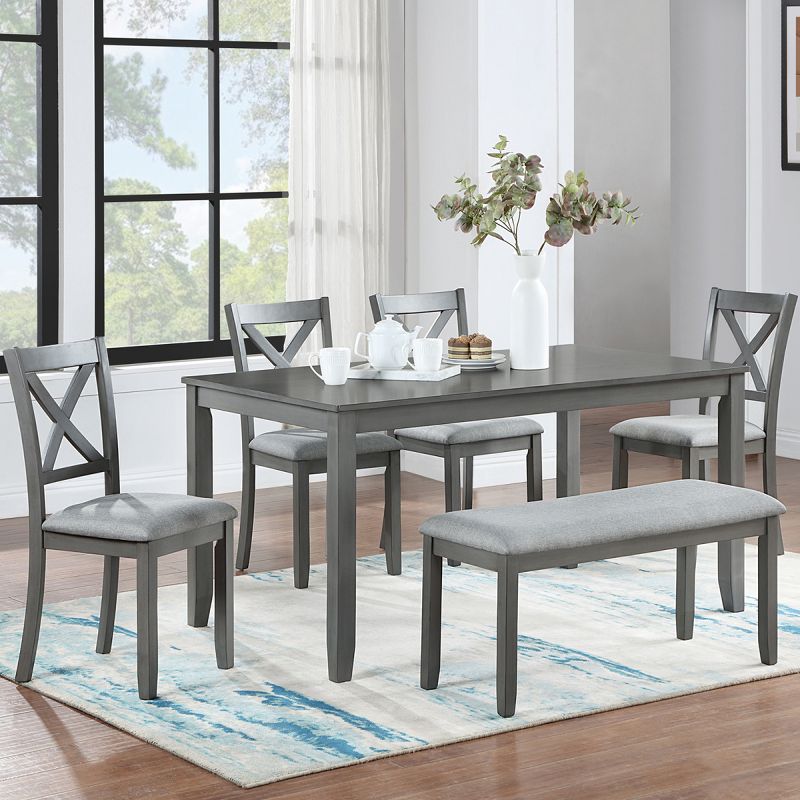 58.5" Acacia Wood Dining Table Set for 6 with Upholstered Chairs & Bench, Gray Water Resistant Rectangular Kitchen Table-3irtyhousy