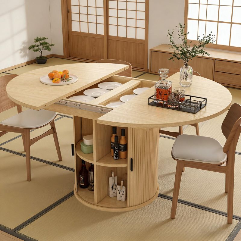 Dyonery 63'' Extendable Round Kitchen Dining Room Table with 2-Tier Storage Shelf, with Pedestal Base, Wood Oval Circle Dinner Furniture, Natural Oka