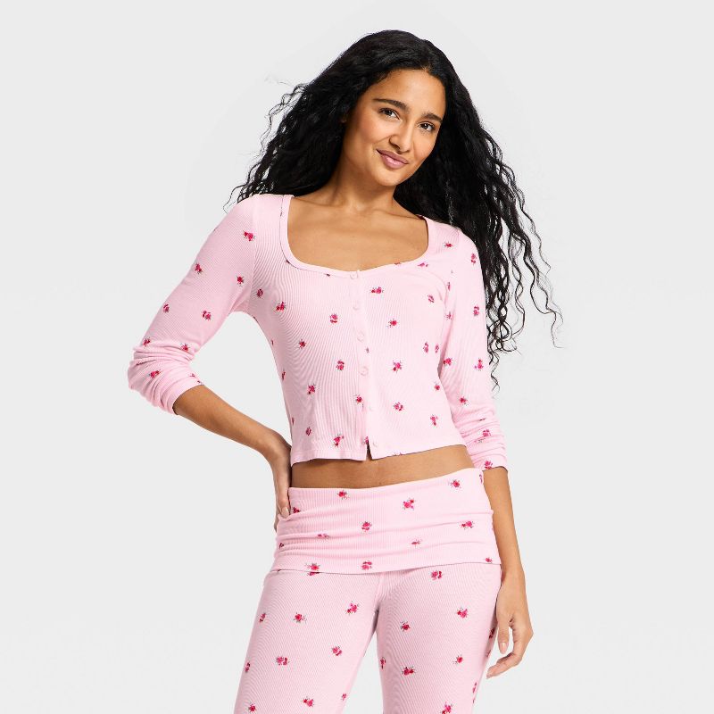 Women's Long Sleeve Ribbed Front-Button Sleep Top - Wild Fable™ Pink Ditsy M