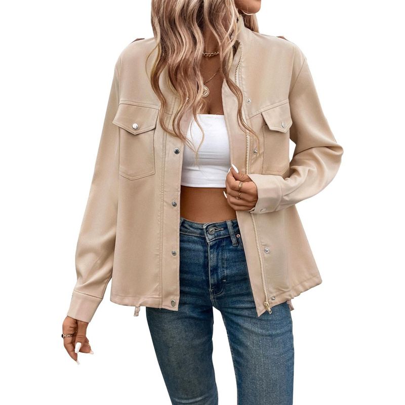 Jojoka Women's Stand Collar Jacket Long Sleeve Zip Up Biker Moto Bomber Jackets Fall Coat with Pockets Khaki M