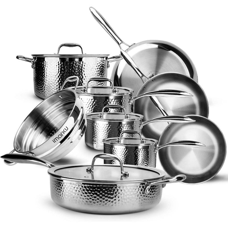 Imarku Pots and Pans Set, 14PCS Kitchen Cookware Set, Tri-Ply Clad Stainless Steel with Ergonomic Handle and Lids, Dishwasher Safe, Kitchen Essentials