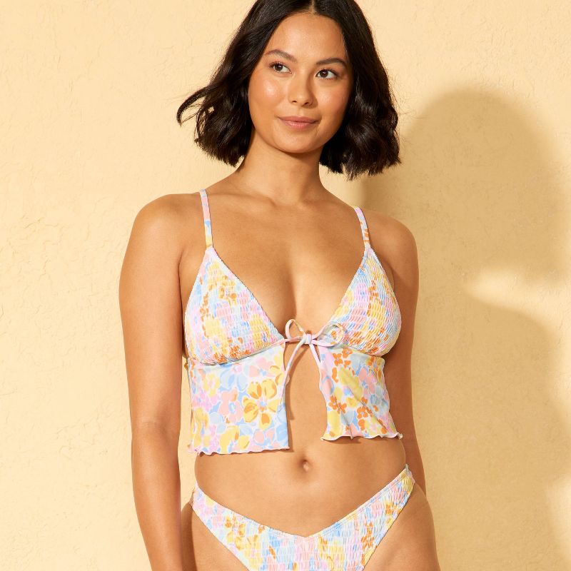 Women's Smocked Tie-Front Fly Away Floral Print Tankini Top - Wild Fable™ Pink/Yellow/Blue L