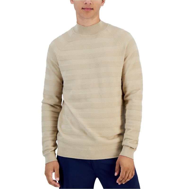Alfani Mens Textured Stripe Mock Neck Pullover Sweater, medbeige, XX-Large