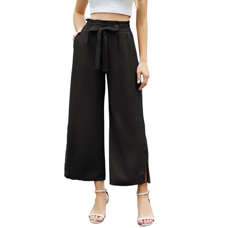 Womens Shirred Paperbag-Waist Pants High Waisted Pants with Pockets Side Slit Wide Leg Pants Waist Tie Knot Palazzo Trousers - Black, S