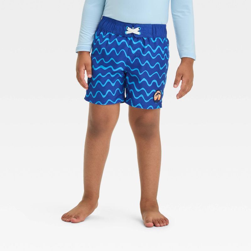 Baby Boys' Wave Swim Board Shorts With Patch - Cat & Jack™ Dark Blue 18M: UPF 50+, Elastic Waist, Built-in Brief