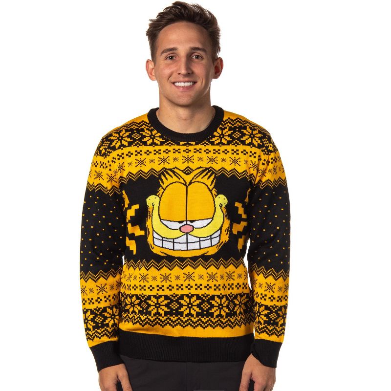 Garfield Men's Big Grin Fair Isle Design Knit Pullover Holiday Ugly Sweater for Christmas, Medium Black