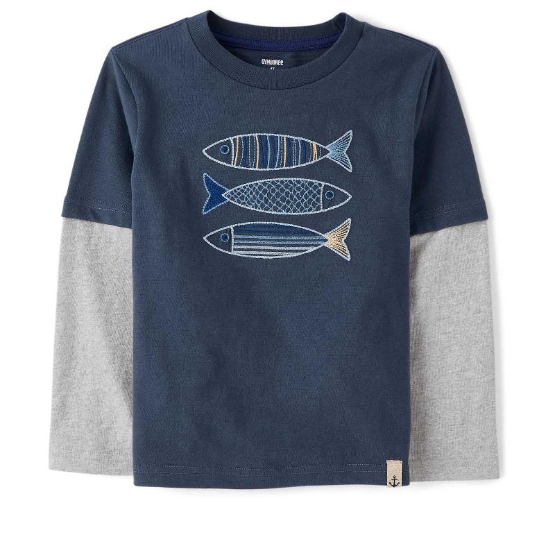 Gymboree Boys Long Sleeve Embroidered Fish Layered Top - Driftwood Bay Blue 8
