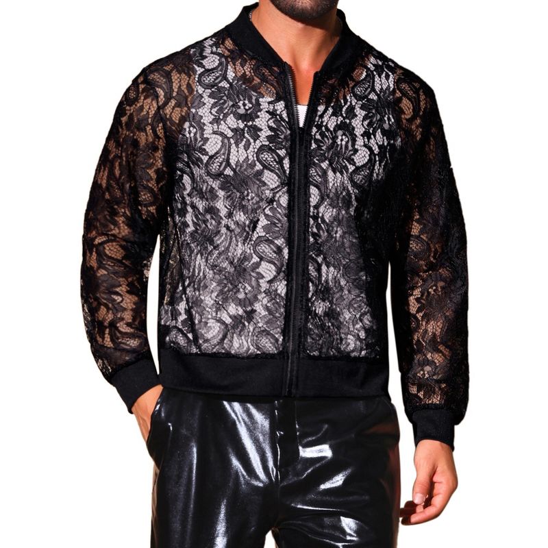 INSPIRE CHIC Men's Hollow Floral Lace See Through Lightweight Long Sleeve Zip Up Jackets Small Black