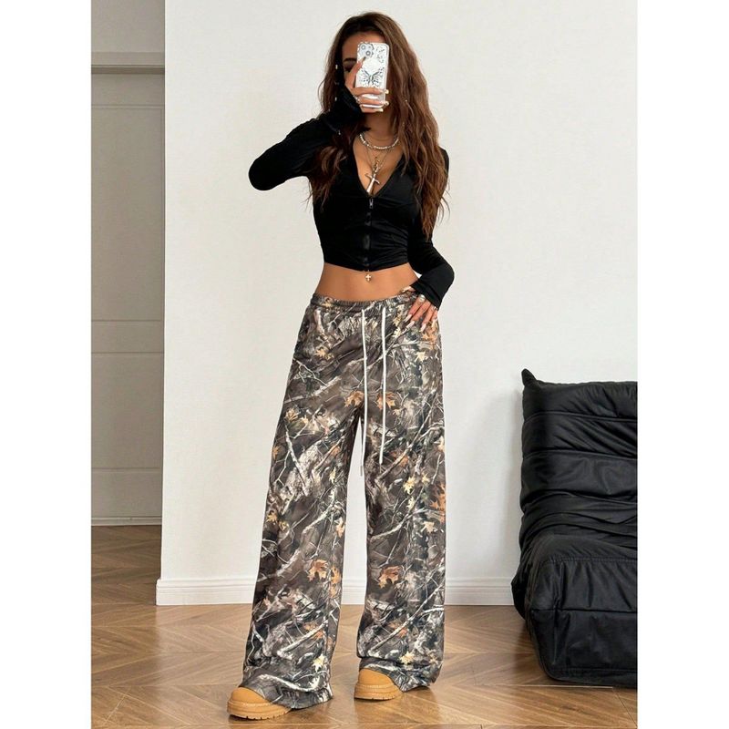 Women's Pants Camo Print High-Waisted Flared Slimming Wide-Leg Casual & Streetwear Trousers,XL,Gray