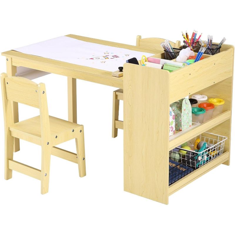 Children's Wooden Furniture, Toddler Craft Play Wood Activity Desk Kids Art Table with 2 Chairs, Nursery and Classroom Use, for Home