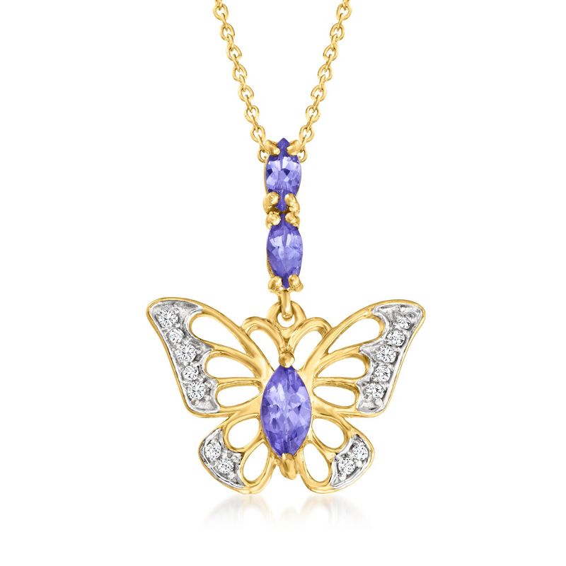 Ross-Simons 0.50 ct. t.w. Tanzanite and .10 ct. t.w. White Topaz Butterfly Pendant Necklace in 18kt Gold Over Sterling Size 20
