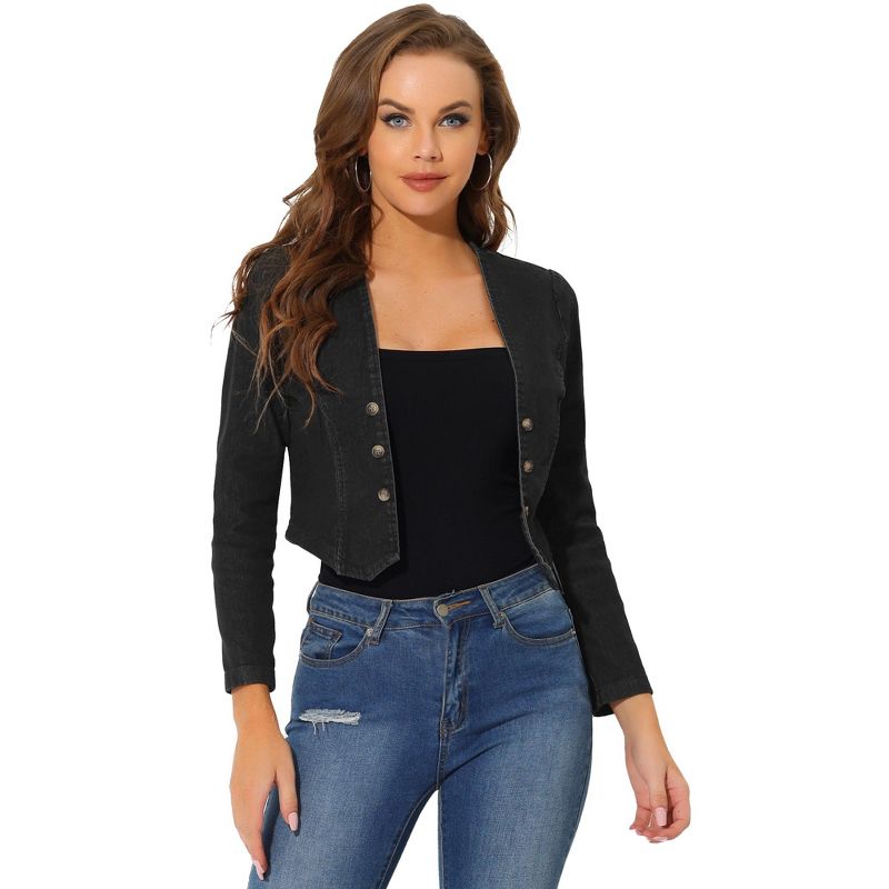 Allegra K Women's Collarless Open Front Casual Crop Denim Jackets Medium Black