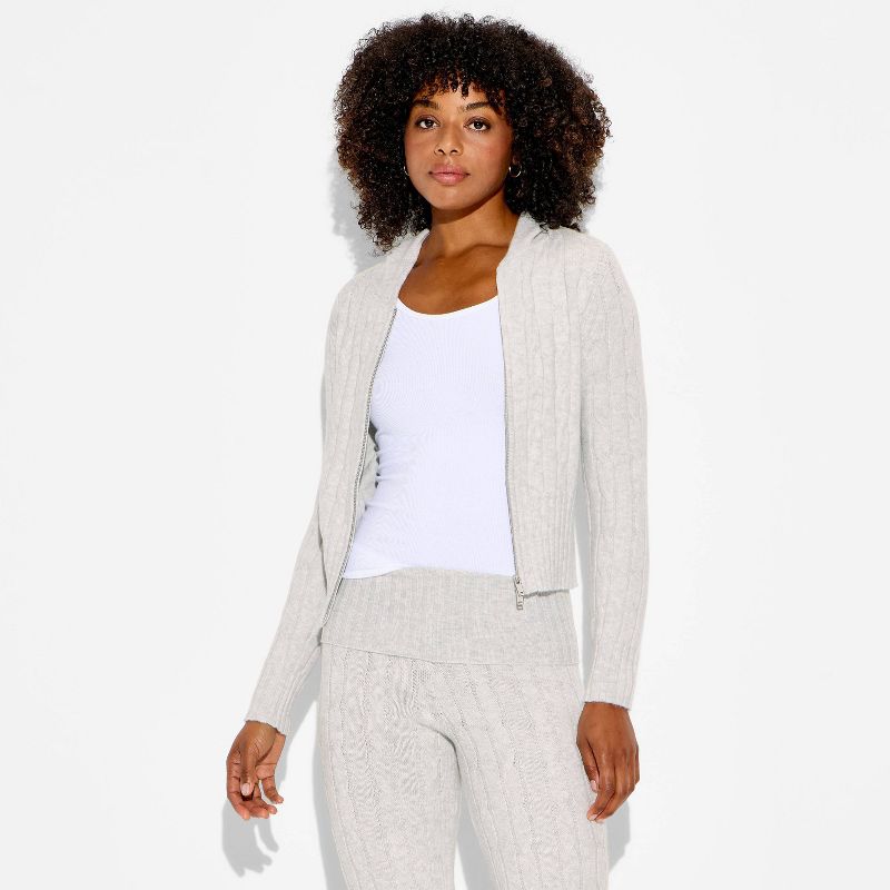 Women's Cable Zip Hoodie Cardigan - Wild Fable™ Gray S