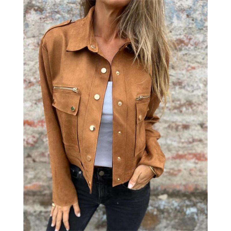 Clearlove Womens Cropped Suede Leather Jacket Fashion Motorcycle Bomber Jackets Fall Winter Coats Chocolate S