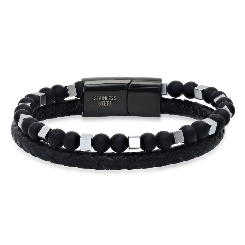 Steeltime Men's black braided leather/stainless steel and lava beaded double layered bracelet
