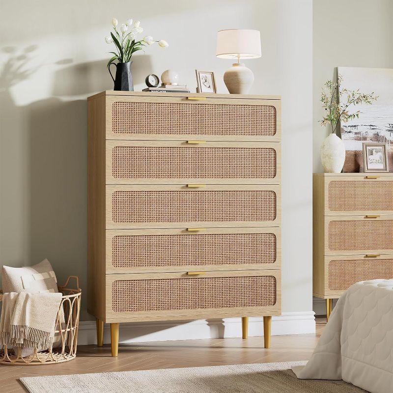 5-Drawer Rattan Dresser - Tall Storage Chest with Wide Top for Bedroom & Living Room