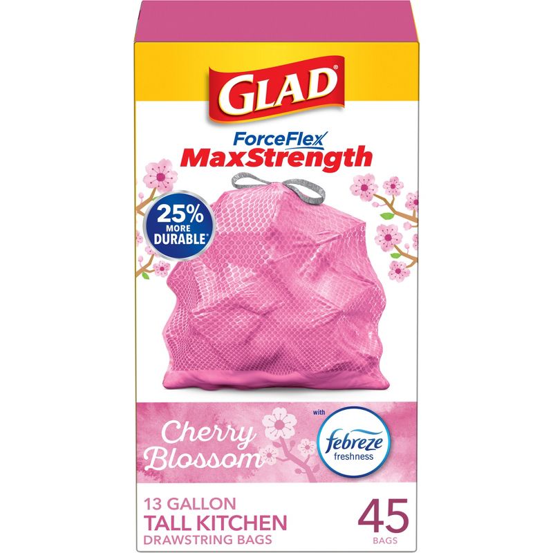 Glad ForceFlex MaxStrength Tall Kitchen Drawstring Pink Trash Bags - Cherry Blossom - 13gal/45ct