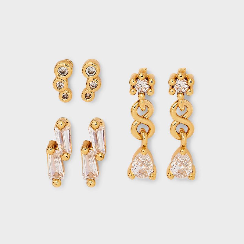 Drop and Stud Earring Set 3pc - A New Day™ Gold: Hypoallergenic Linear and Stud Earrings, Glass Material, Post Closure