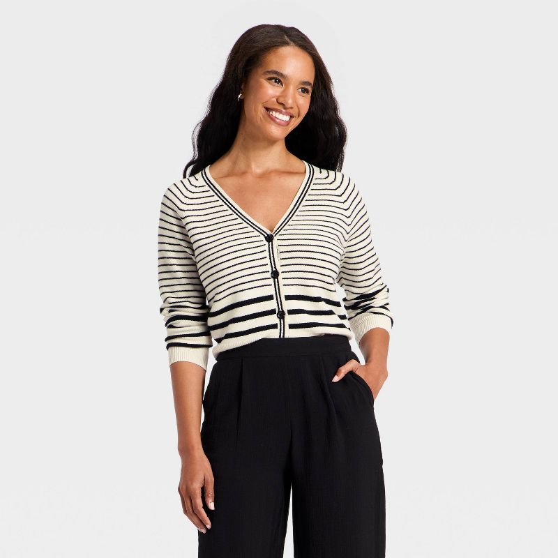 Women's Long Sleeve V-Neck Cardigan - A New Day™ Cream Striped M
