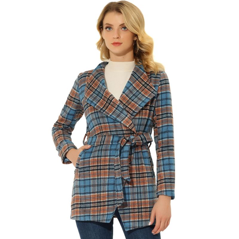 INSPIRE CHIC Women's Shawl Collar Belted Asymmetrical Hem Plaid Coat Blue Large