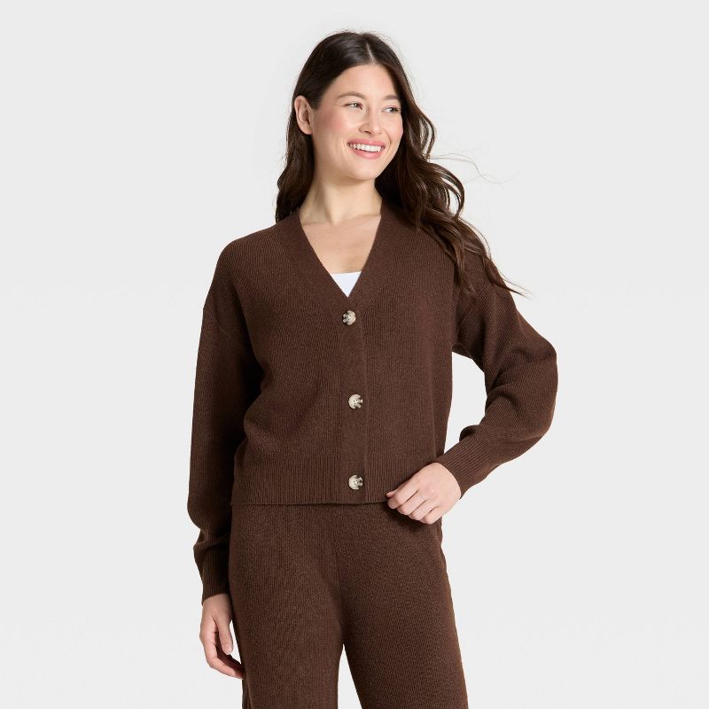 Women's Cable Sweater Cardigan - Auden™ Heather Brown M