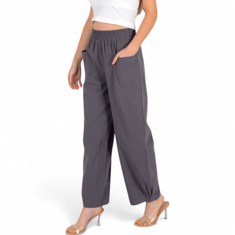 Anna-Kaci Women's Wide-Leg Elastic Waist Design Pants with Side Pockets - Large, Gray